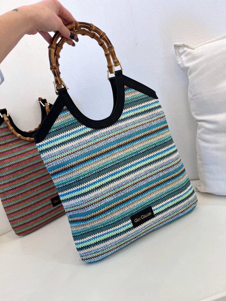 Shop Online Borsa Gloria stripe azzurra in rafia Gio Cellini