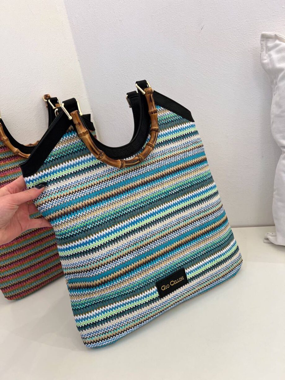 Shop Online Borsa Gloria stripe azzurra in rafia Gio Cellini