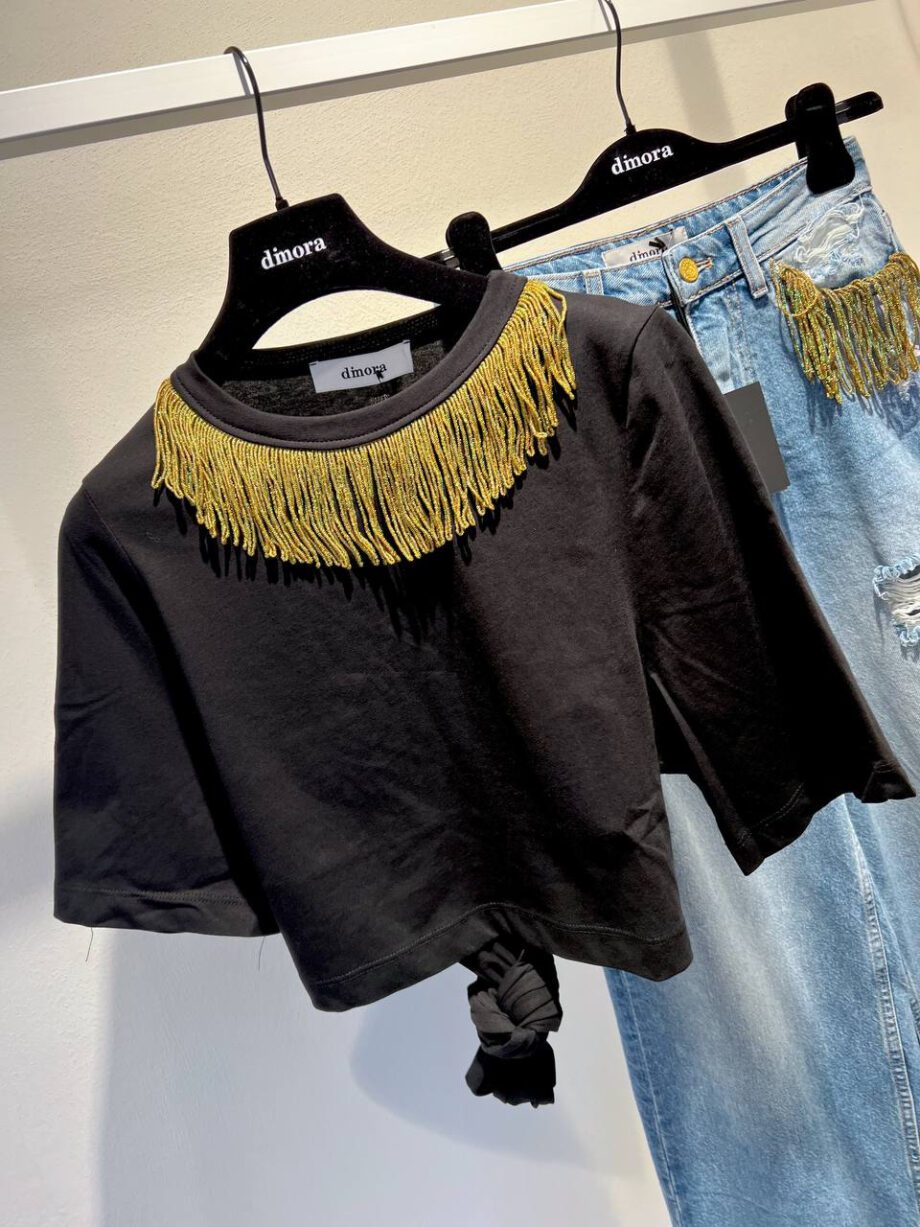 Shop Online T-shirt crop nera con frange Dimora