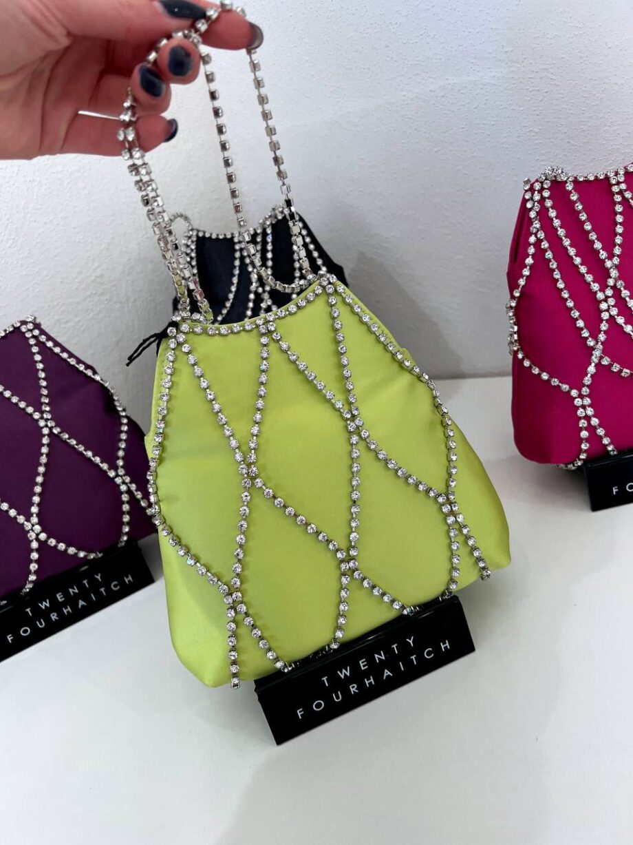 Shop Online Borsa mini Kala in raso lime con strass Twentyfourhaitch