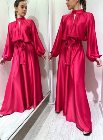 Shop Online Vestito lungo in raso fucsia maniche palloncino Vicolo