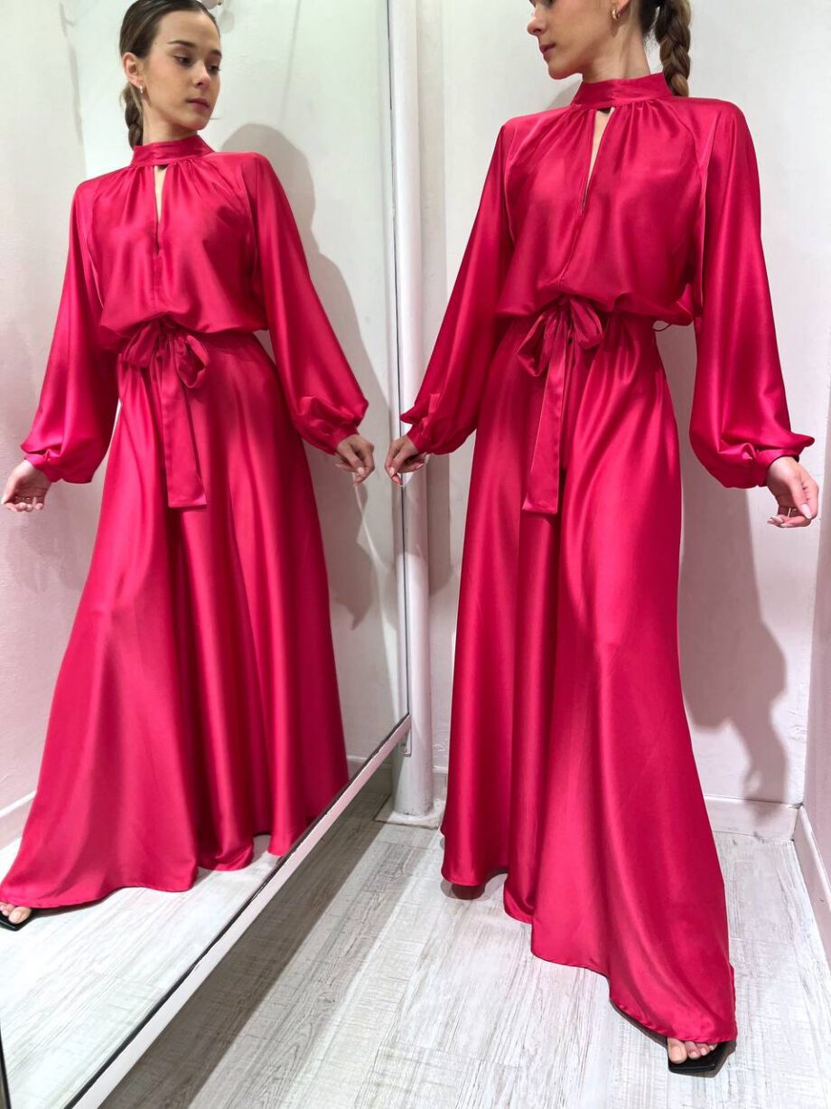 Shop Online Vestito lungo in raso fucsia maniche palloncino Vicolo