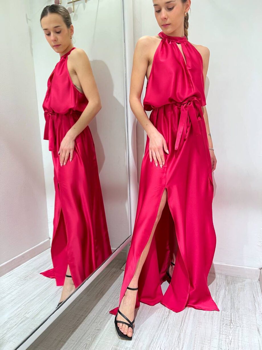 Shop Online Vestito lungo in raso fucsia con cintura Vicolo