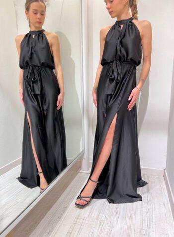 Shop Online Vestito lungo in raso nero con cintura Vicolo
