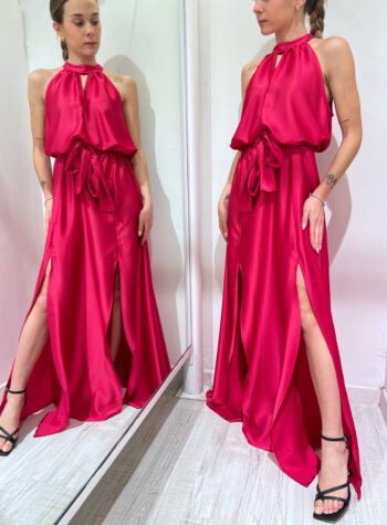 Shop Online Vestito lungo in raso fucsia con cintura Vicolo