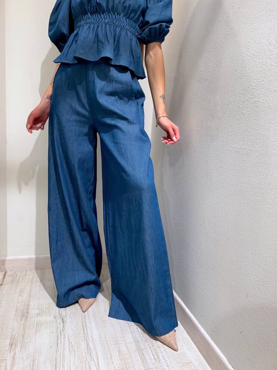 Shop Online Pantalone palazzo blu in chambray Kontatto