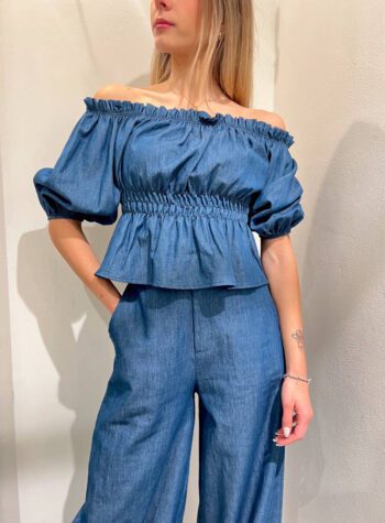 Shop Online Pantalone palazzo blu in chambray Kontatto