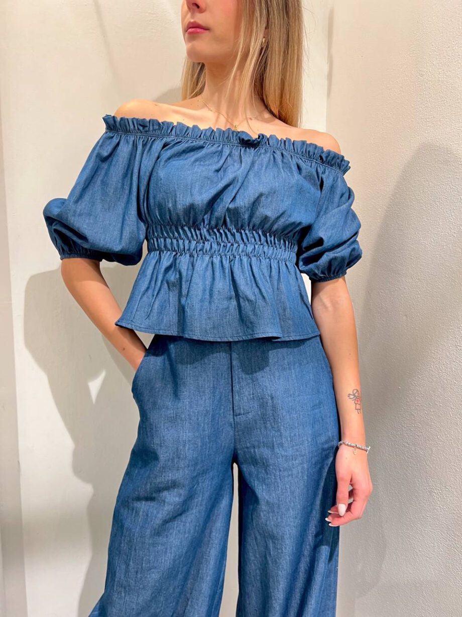 Shop Online Pantalone palazzo blu in chambray Kontatto