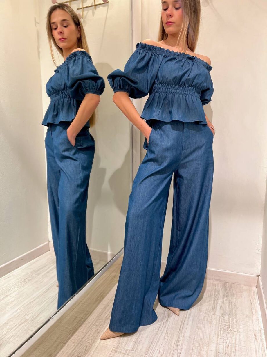 Shop Online Pantalone palazzo blu in chambray Kontatto