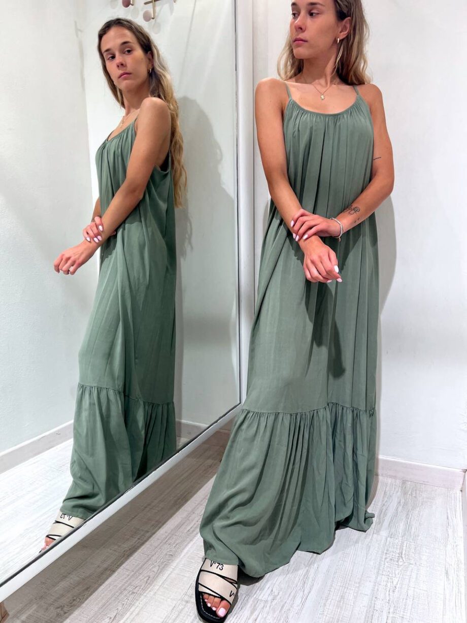 Shop Online Vestito lungo verde salvia con balza Souvenir