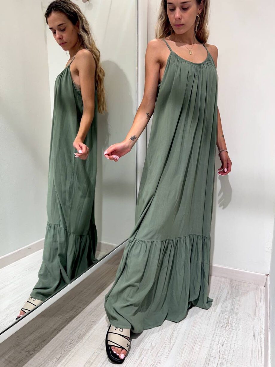 Shop Online Vestito lungo verde salvia con balza Souvenir