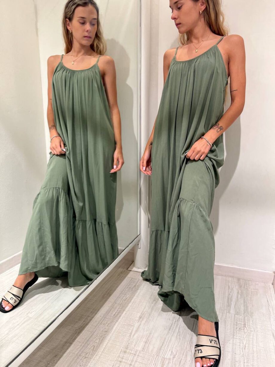 Shop Online Vestito lungo verde salvia con balza Souvenir