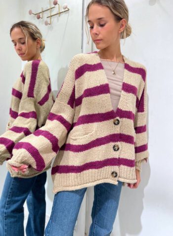 Shop Online Cardigan over in maglia a righe beige e magenta HaveOne