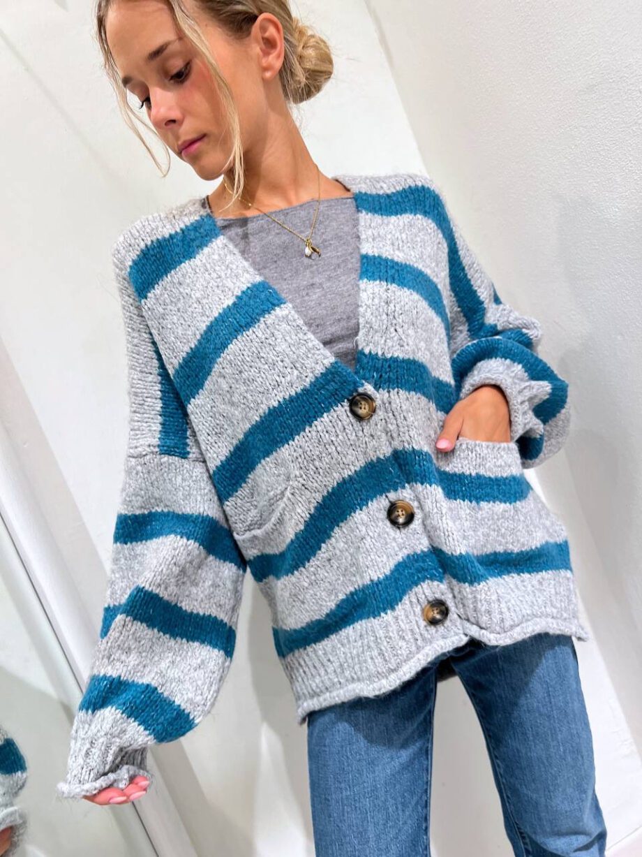 Shop Online Cardigan over in maglia a righe grigio e turchese HaveOne