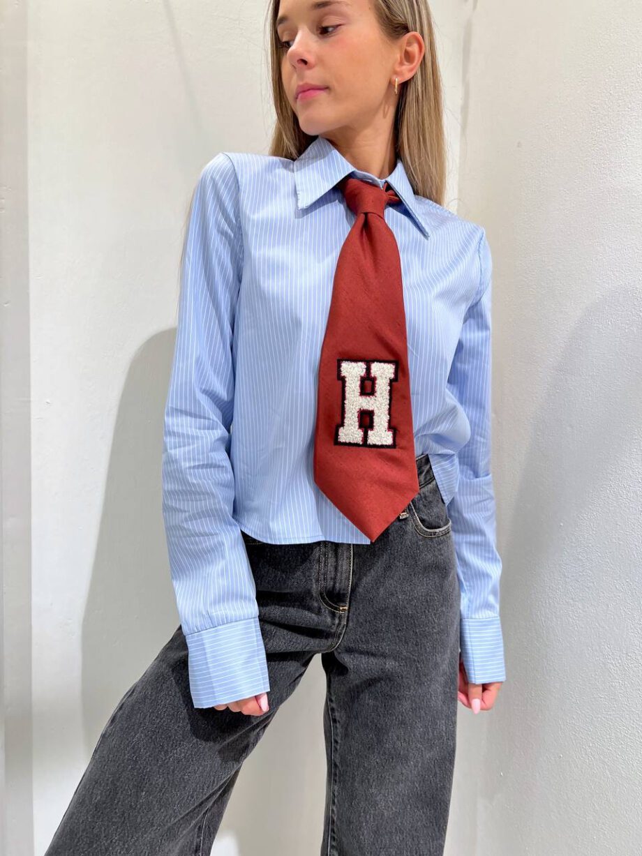 Shop Online Camicia cropped azzurra con cravatta mattone HaveOne