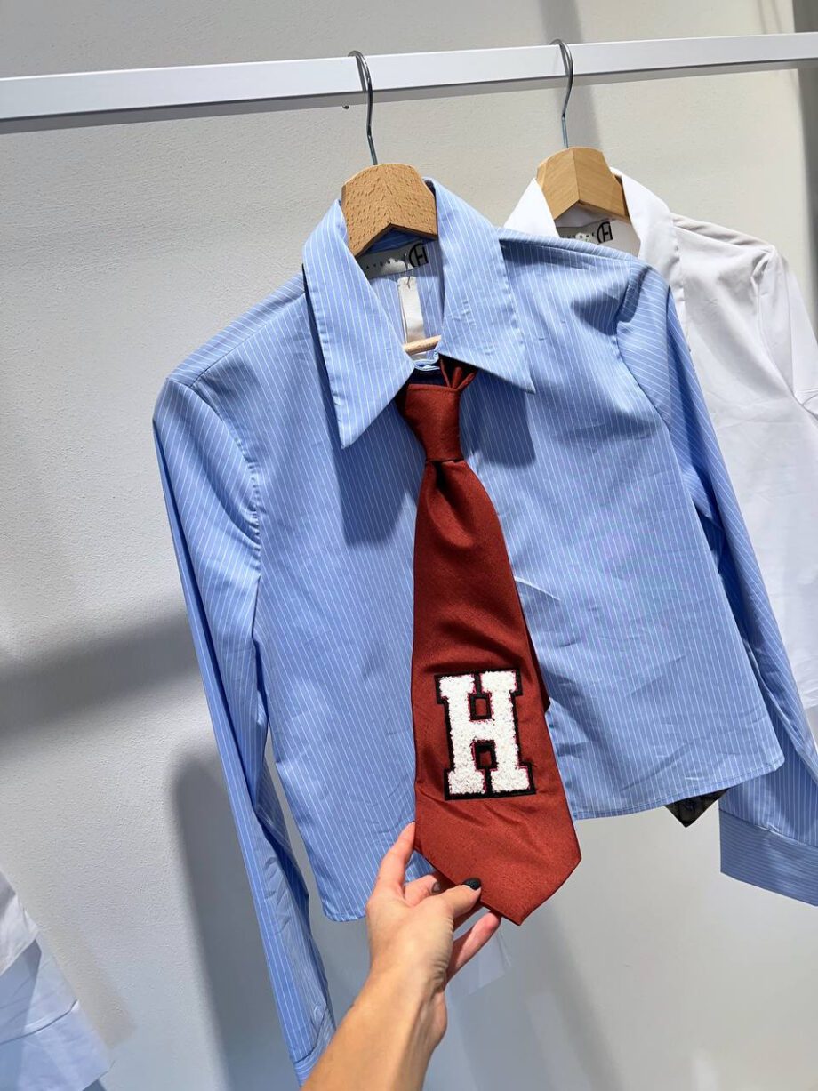Shop Online Camicia cropped azzurra con cravatta mattone HaveOne