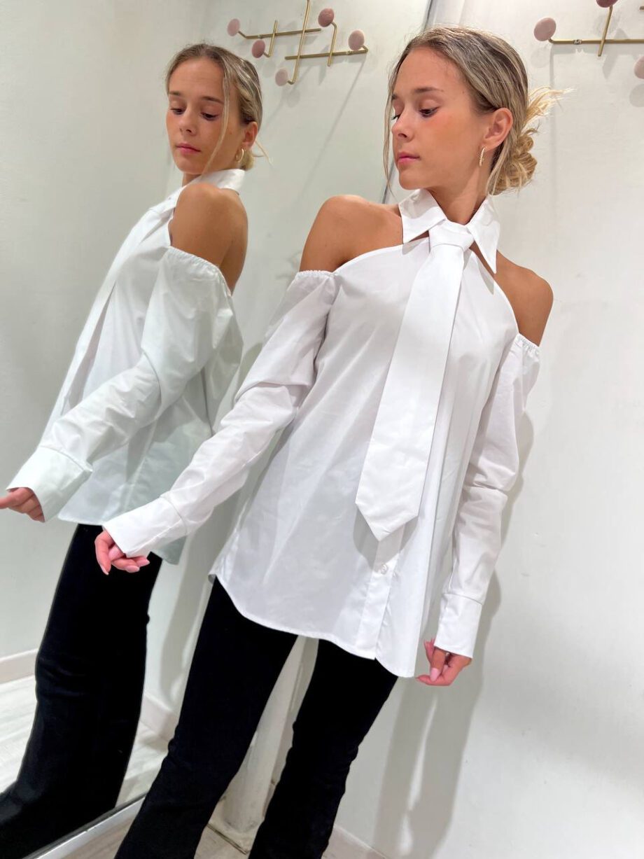 Shop Online Camicia bianca in cotone cut out cravatta HaveOne