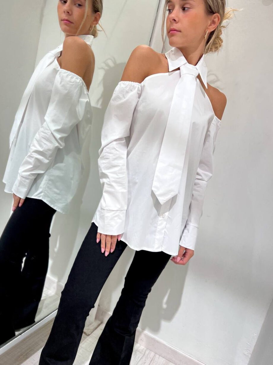 Shop Online Camicia bianca in cotone cut out cravatta HaveOne