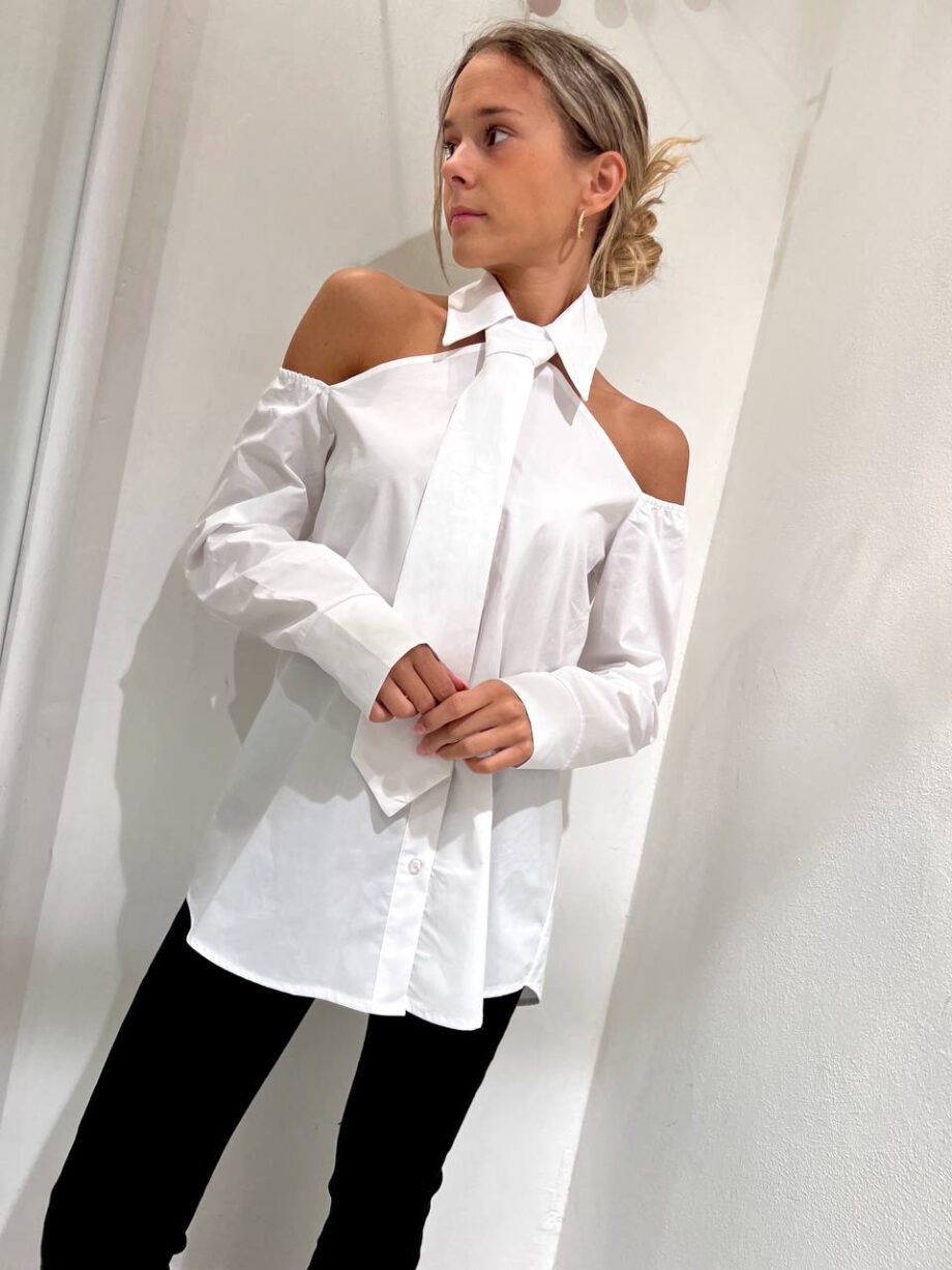 Shop Online Camicia bianca in cotone cut out cravatta HaveOne