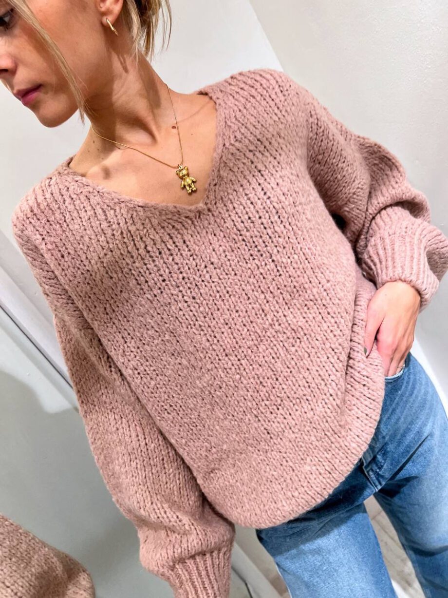 Shop Online Maglione rosa nude maglia grossa scollo a V Kontatto