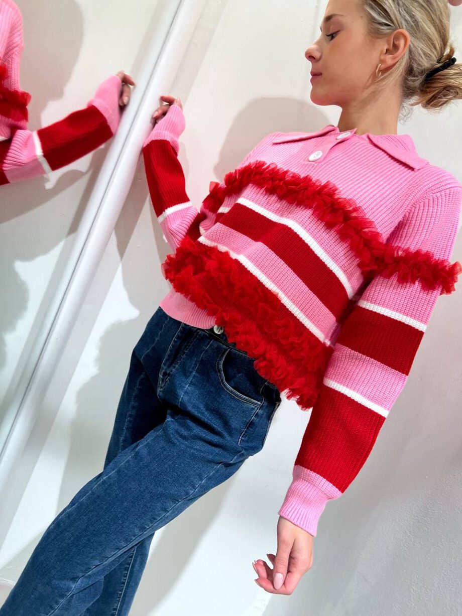 Shop Online Maglione Belfiore rosa e rosso con tulle Odì Odì