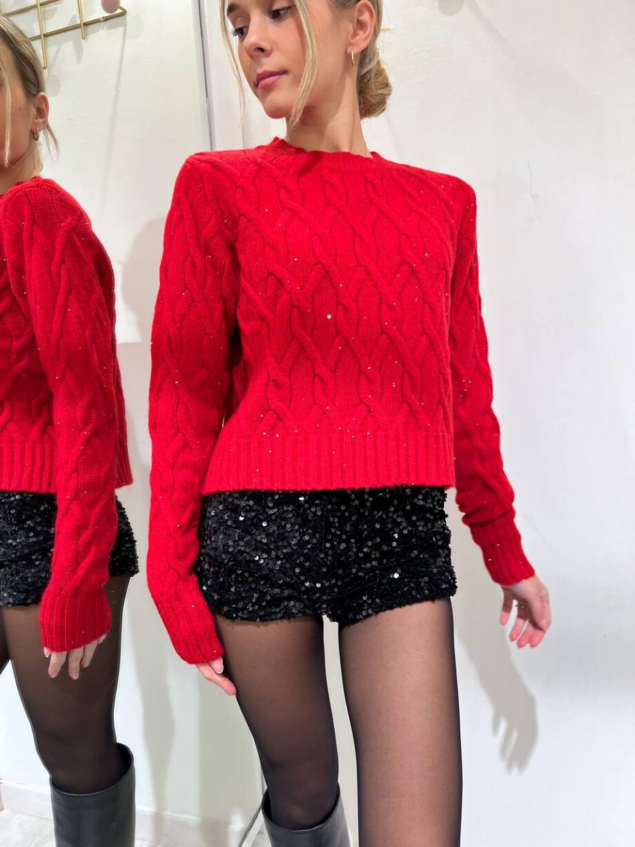 Shop Online Maglione corto rosso trecce micro strass HaveOne