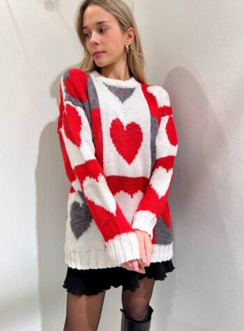 Shop Online Maglione panna ampio cuori rosso e grigio Vicolo