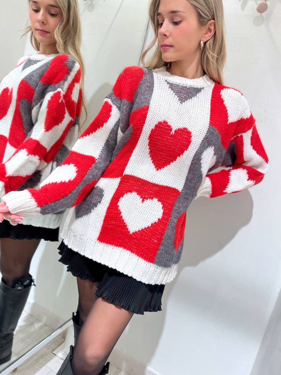 Shop Online Maglione panna ampio cuori rosso e grigio Vicolo