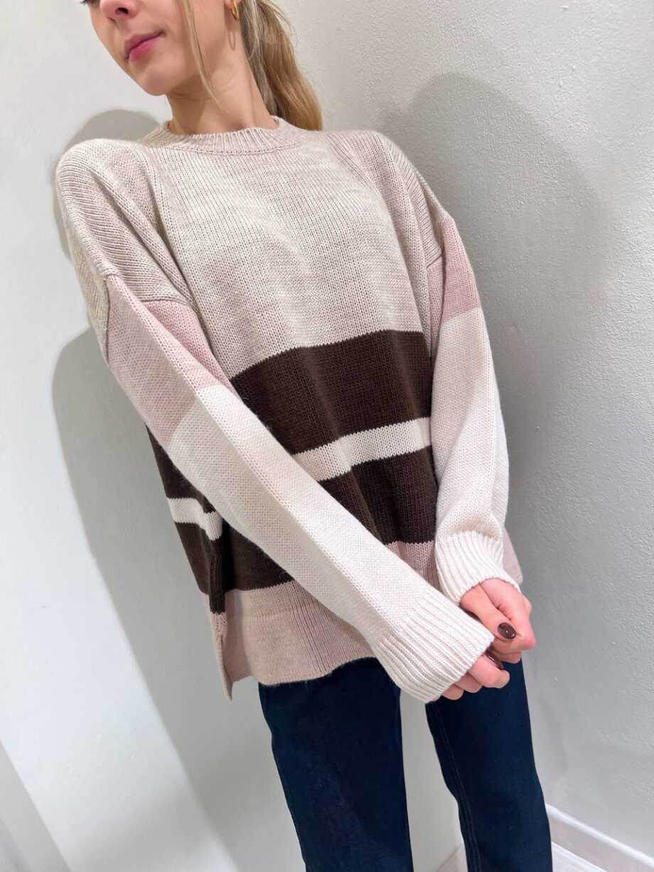 Shop Online Maglione beige a righe marroni con spacchi Vicolo