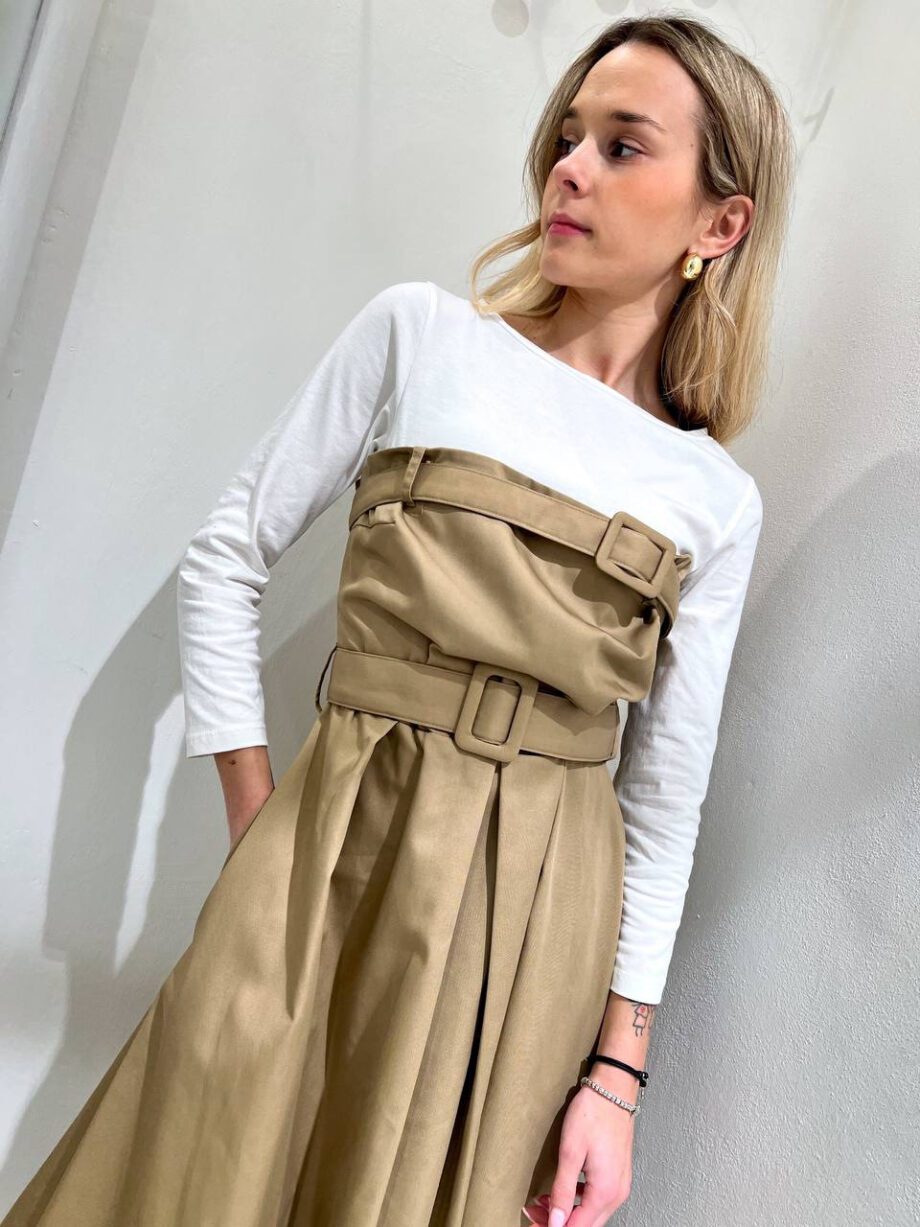 Shop Online Vestito midi beige in cotone con cinture Souvenir