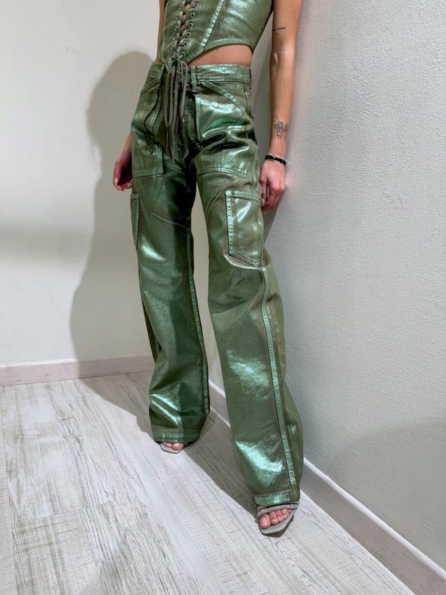 Shop Online Pantalone in denim cargo verde laminato Don't @ me