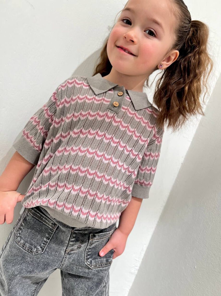 Shop Online Maglia polo verde salvia a righe rosa Lil' Atelier