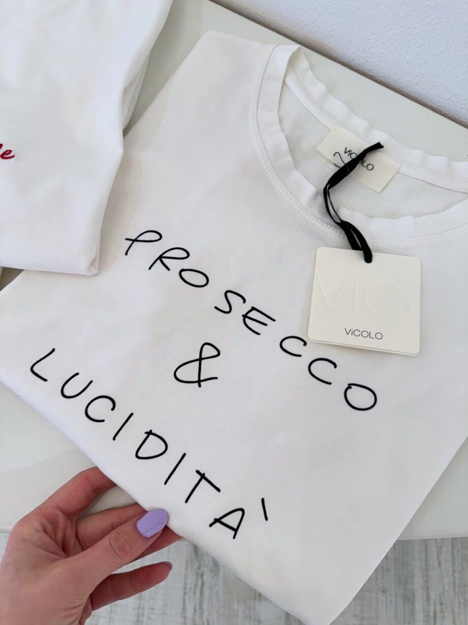 Shop Online T-shirt bianca scritta "prosecco & lucidità" Vicolo