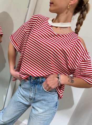 Shop Online T-shirt ampia a righe bianca e rossa cut out Vicolo
