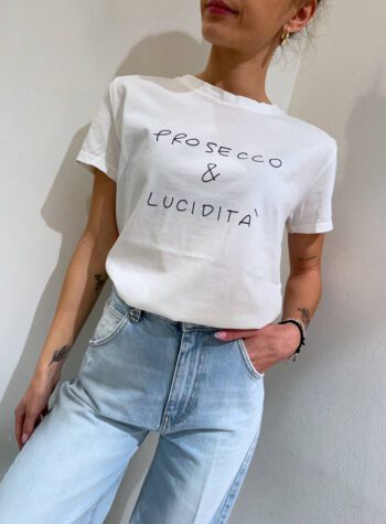 Shop Online T-shirt bianca scritta "prosecco & lucidità" Vicolo