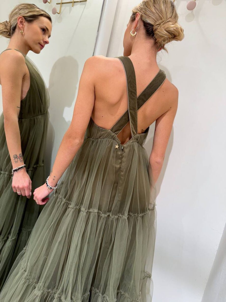 Shop Online Vestito lungo verde militare in tulle con balza Souvenir