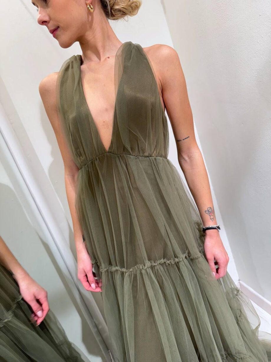 Shop Online Vestito lungo verde militare in tulle con balza Souvenir