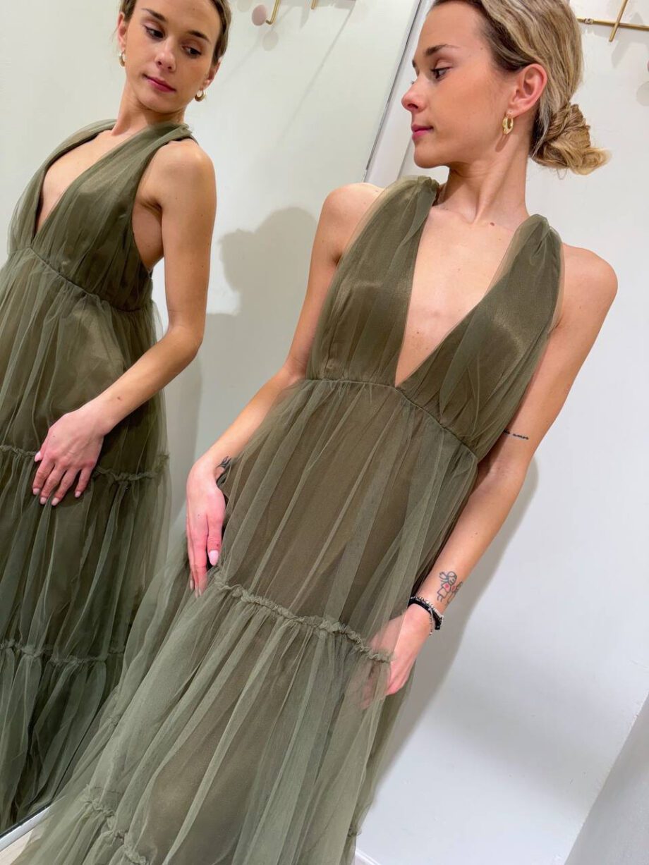 Shop Online Vestito lungo verde militare in tulle con balza Souvenir