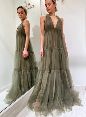 Shop Online Vestito lungo verde militare in tulle con balza Souvenir