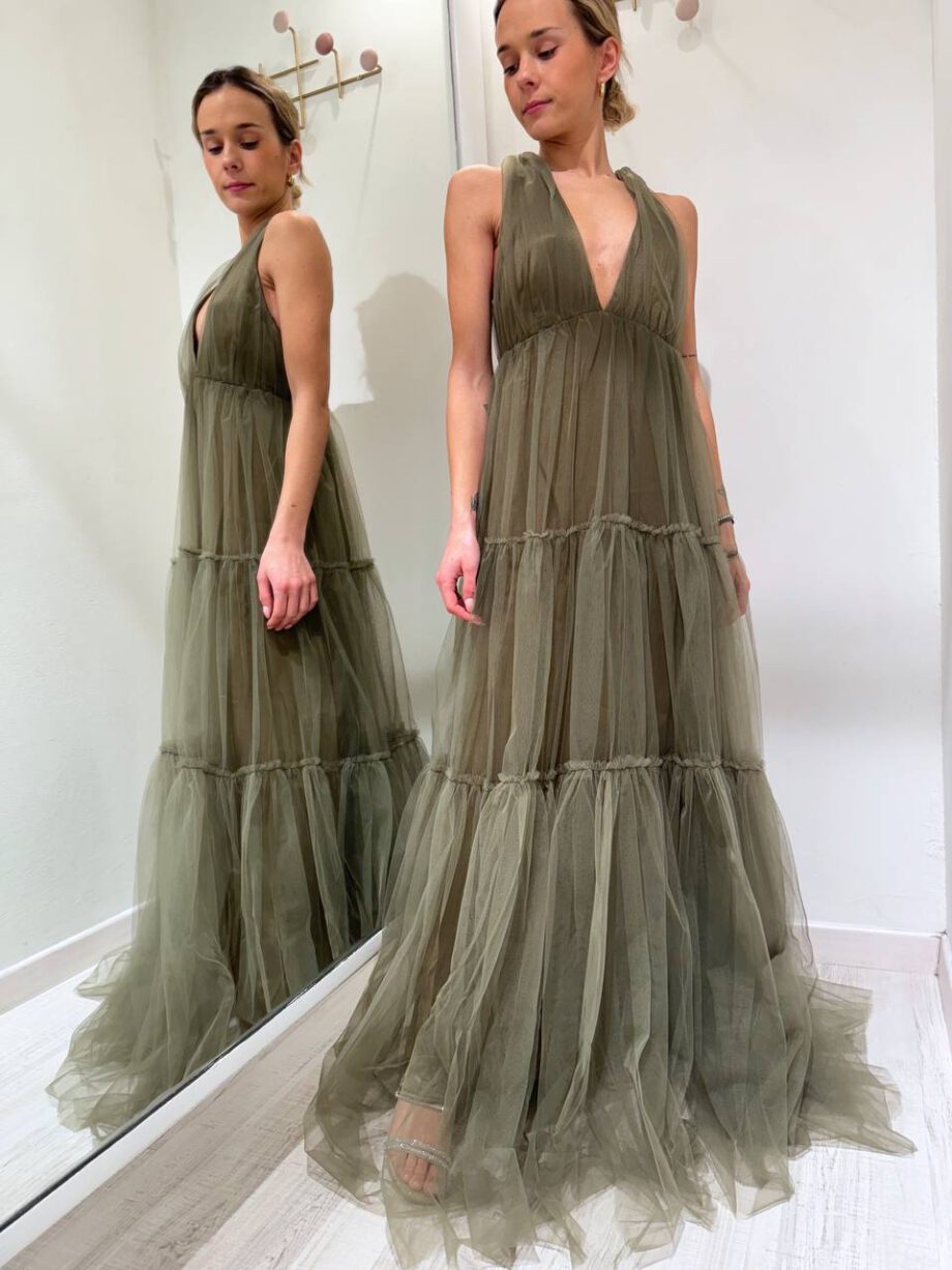 Shop Online Vestito lungo verde militare in tulle con balza Souvenir