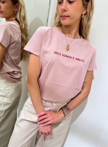 Shop Online T-shirt basic rosa ricamo ”sole, sorrisi e spritz” Vicolo