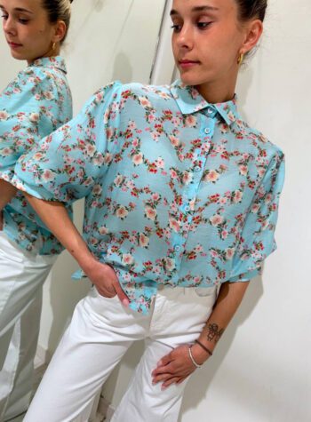 Shop Online Camicia azzurra floreale maniche corte sbuffo Vicolo