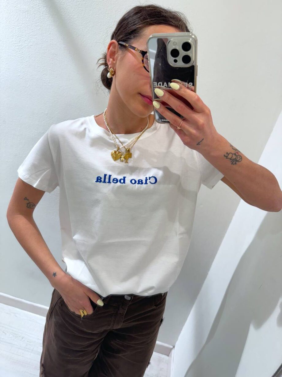 Shop Online T-shirt basic bianca ricamo "penso mille miliardi di cose" Vicolo