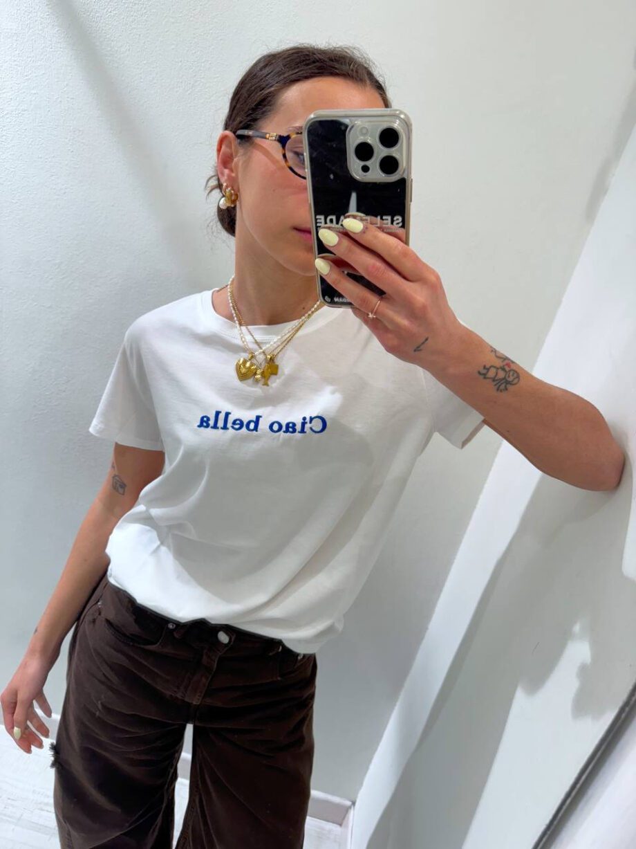 Shop Online T-shirt basic bianca ricamo "penso mille miliardi di cose" Vicolo