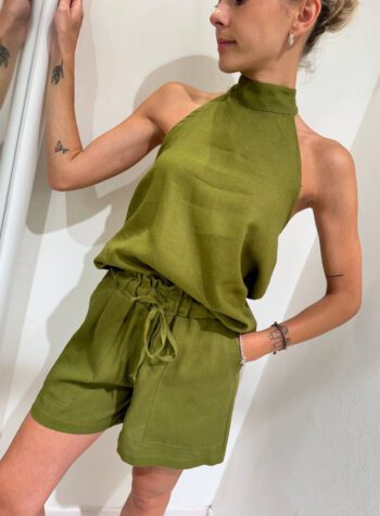 Shop Online Coordinato short e top in lino verde olio Vicolo