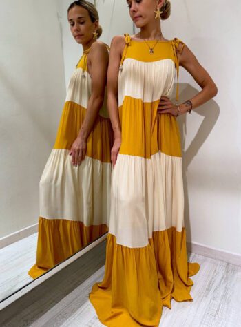 Shop Online Vestito lungo maxi riga burro e senape Vicolo