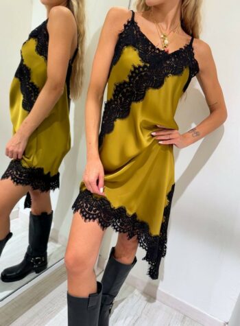Shop Online Vestito satin asimmetrico olio con pizzo HaveOne