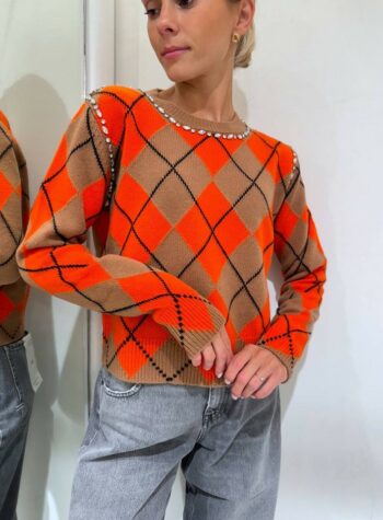 Shop Online Maglia girocollo cammello con rombi e strass Vicolo