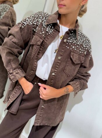 Shop Online Camicia in denim cioccolato con strass Susy Mix