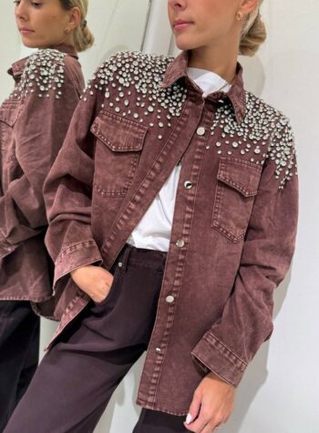 Shop Online Camicia in denim bordeaux con strass Susy Mix